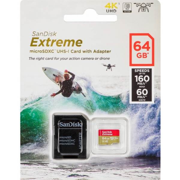 SDXC SanDisk micro SD 64GB EXTREME KAMERA/DRON 160/60MB/s, UHS-I Speed Class 3, V30, adapter
